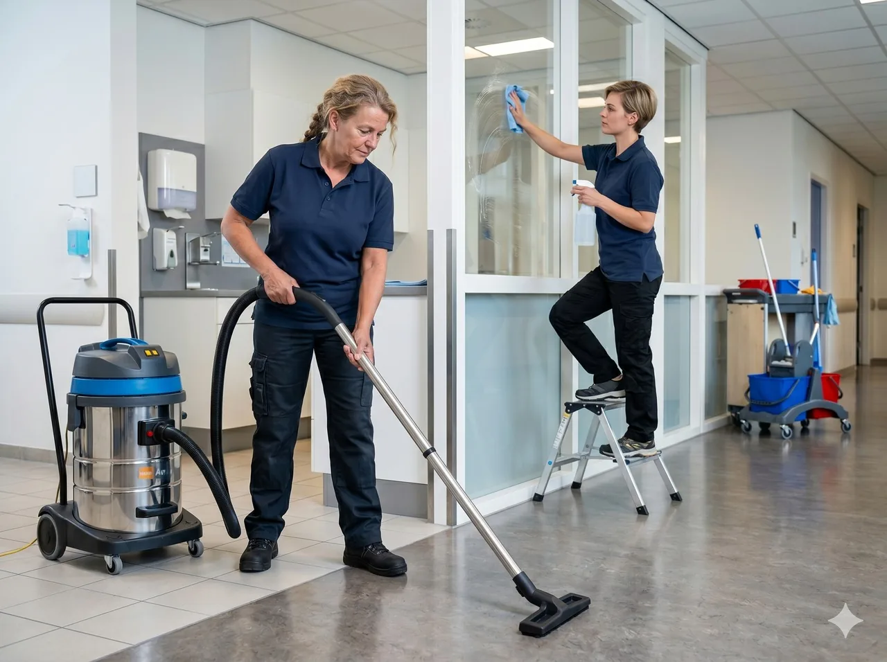 Schoonmaakmedewerker NEXXT Facility aan het werk in kantoor