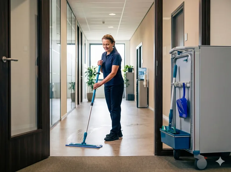 NEXXT schoonmaakmedewerker met dweil in kantoorgang